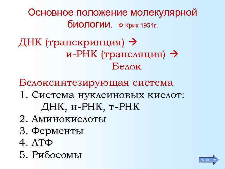 Основное положение молекулярной биологии. Ф. Крик 1951 г. ДНК (транскрипция) и-РНК (трансляция) Белоксинтезирующая система