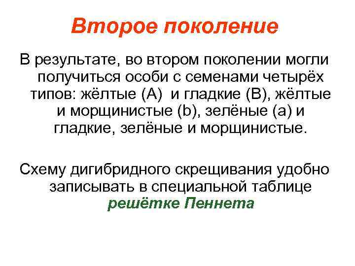Второе поколение В результате, во втором поколении могли получиться особи с семенами четырёх типов: