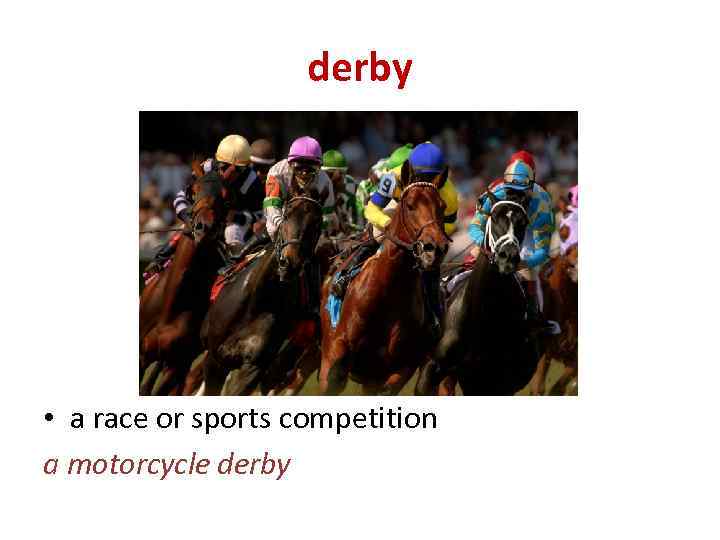 derby • a race or sports competition a motorcycle derby 