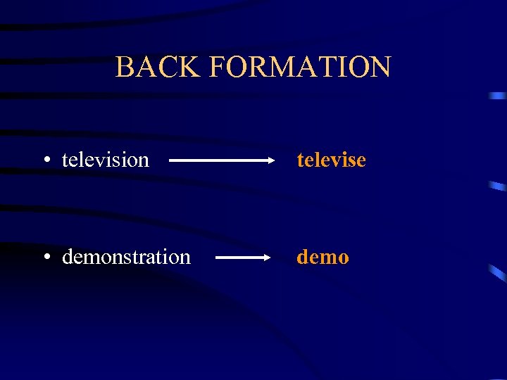 BACK FORMATION • television televise • demonstration demo 