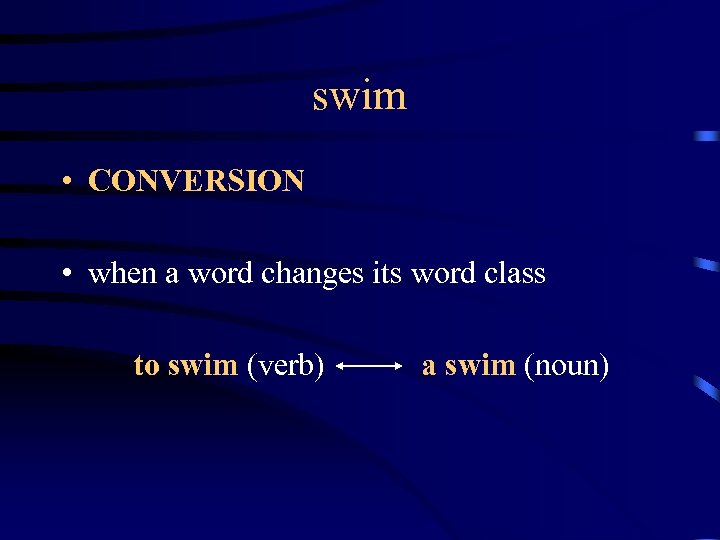 swim • CONVERSION • when a word changes its word class to swim (verb)