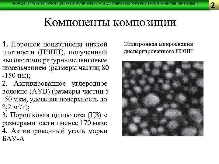 ФУНКЦИОНАЛЬНЫЕ КОМПОЗИЦИОННЫЕ МАТЕРИАЛЫ С НАНОДИСПЕРСНЫМ ПОЛИЭТИЛЕНОМ В КАЧЕСТВЕ СВЯЗУЮЩЕГО Компоненты композиции 1. Порошок полиэтилена