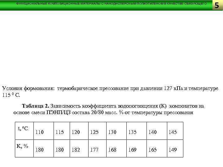 ФУНКЦИОНАЛЬНЫЕ КОМПОЗИЦИОННЫЕ МАТЕРИАЛЫ С НАНОДИСПЕРСНЫМ ПОЛИЭТИЛЕНОМ В КАЧЕСТВЕ СВЯЗУЮЩЕГО 5 Условия формования: термобарическое прессование