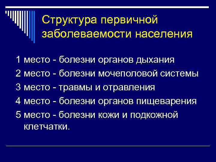 Структура первичной заболеваемости населения 1 место - болезни органов дыхания 2 место - болезни