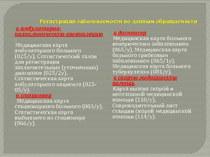  Регистрация заболеваемости по данным обращаемости в амбулаторнополиклиническую организацию в диспансер Медицинская карта больного