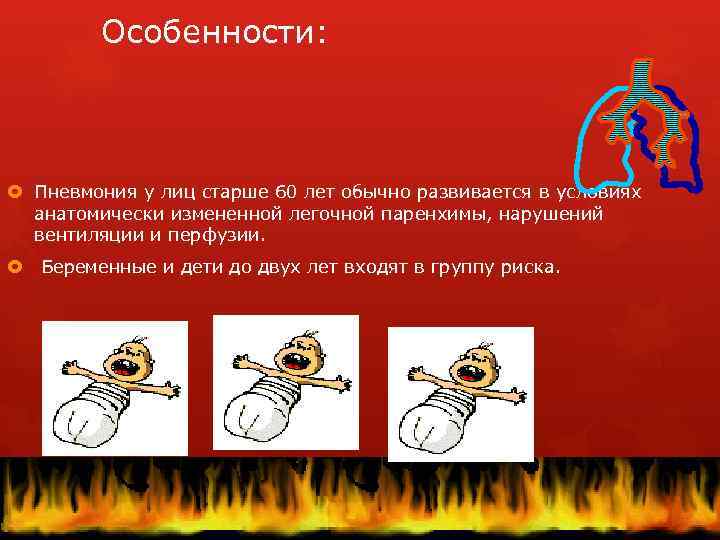 Особенности: Пневмония у лиц старше 60 лет обычно развивается в условиях анатомически измененной легочной