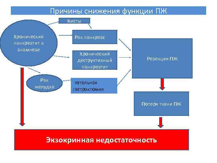 Причины снижения функции ПЖ Кисты Хронический панкреатит в анамнезе Рак панкреас Хронический деструктивный панкреатит