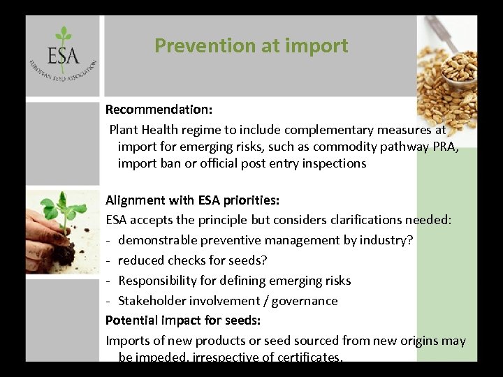 Prevention at import Recommendation: Plant Health regime to include complementary measures at import for
