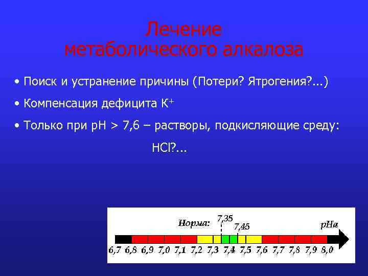 Лечение метаболического алкалоза • Поиск и устранение причины (Потери? Ятрогения? . . . )