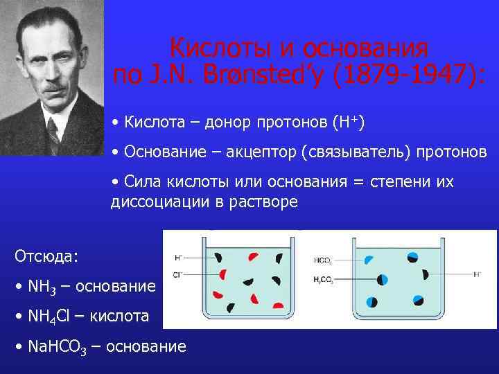 Кислоты и основания по J. N. Brønsted’у (1879 -1947): • Кислота – донор протонов