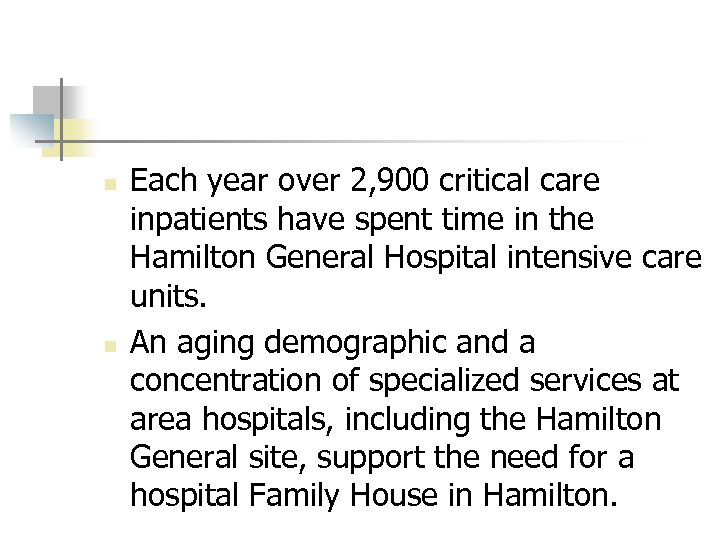 n n Each year over 2, 900 critical care inpatients have spent time in