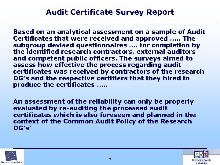 Audit Certificate Survey Report Based on an analytical assessment on a sample of Audit