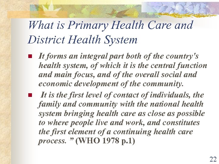 What is Primary Health Care and District Health System n n It forms an