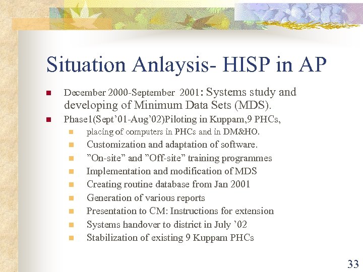 Situation Anlaysis- HISP in AP n December 2000 -September 2001: Systems study and developing