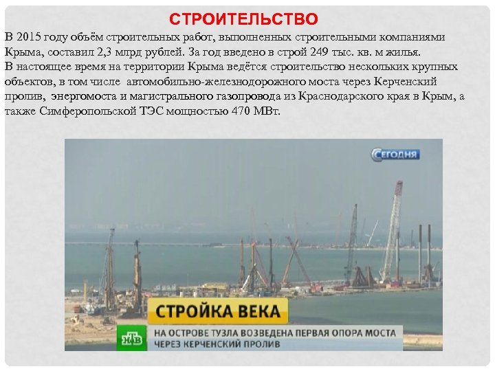 СТРОИТЕЛЬСТВО В 2015 году объём строительных работ, выполненных строительными компаниями Крыма, составил 2, 3