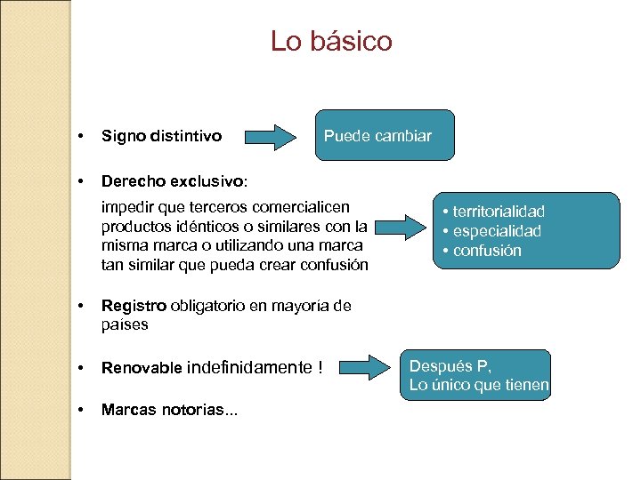 Lo básico • Signo distintivo • Derecho exclusivo: Puede cambiar impedir que terceros comercialicen