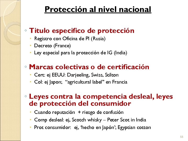 Protección al nivel nacional ◦ Titulo especifico de protección Registro con Oficina de PI