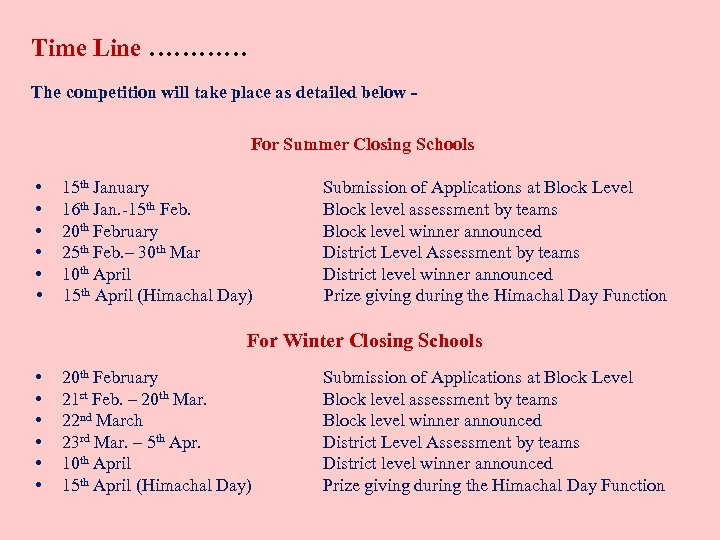 Time Line ………… The competition will take place as detailed below For Summer Closing