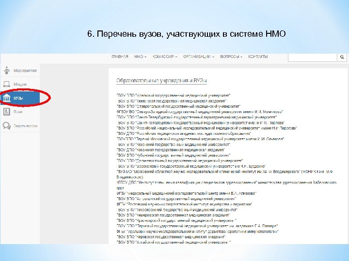 6. Перечень вузов, участвующих в системе НМО 