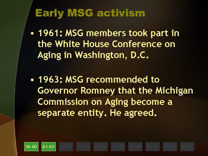 Early MSG activism • 1961: MSG members took part in the White House Conference