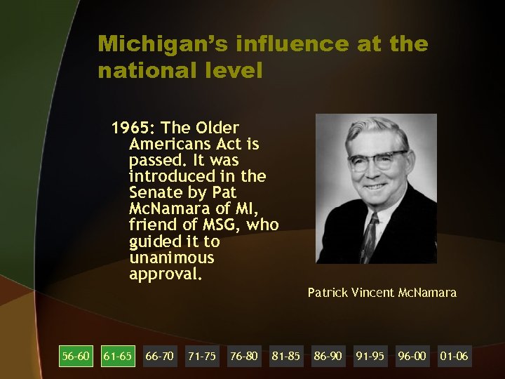 Michigan’s influence at the national level 1965: The Older Americans Act is passed. It