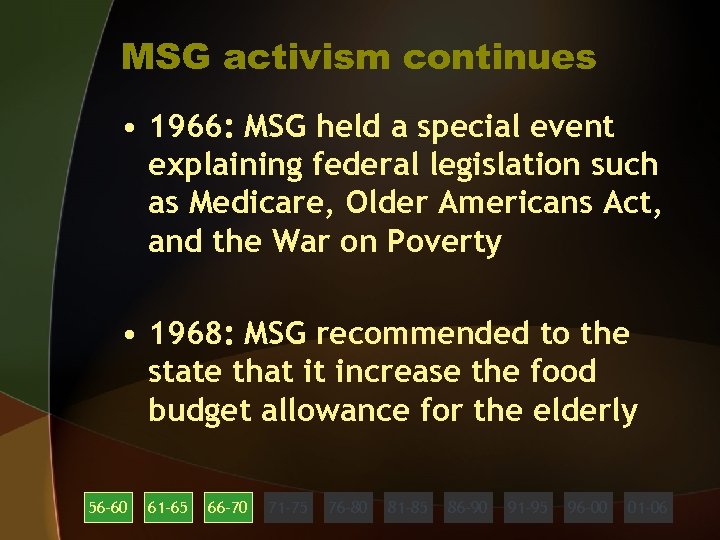 MSG activism continues • 1966: MSG held a special event explaining federal legislation such