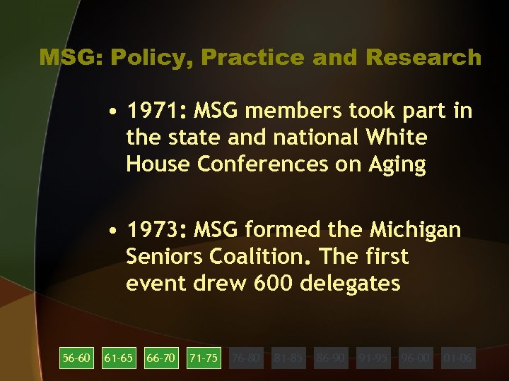 MSG: Policy, Practice and Research • 1971: MSG members took part in the state