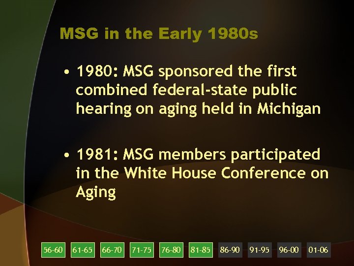 MSG in the Early 1980 s • 1980: MSG sponsored the first combined federal-state