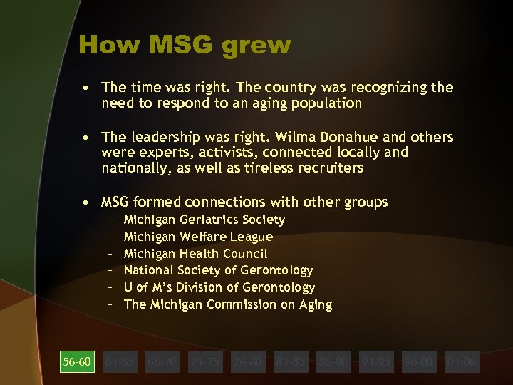 How MSG grew • The time was right. The country was recognizing the need