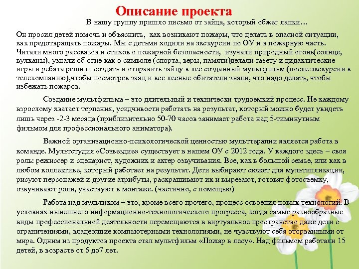 Описание проекта В нашу группу пришло письмо от зайца, который обжег лапки… Он просил