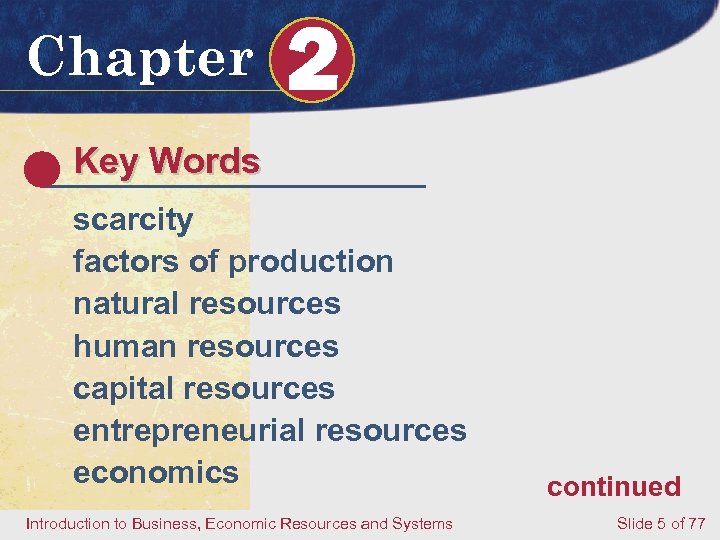 Chapter 2 Key Words scarcity factors of production natural resources human resources capital resources