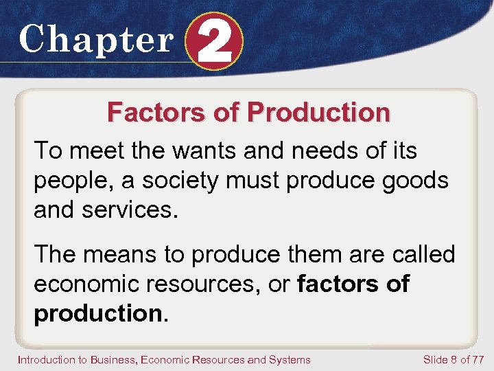 Chapter 2 Factors of Production To meet the wants and needs of its people,