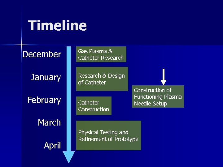 Timeline December Gas Plasma & Catheter Research January Research & Design of Catheter February