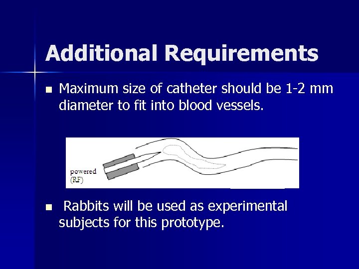 Additional Requirements n n Maximum size of catheter should be 1 -2 mm diameter