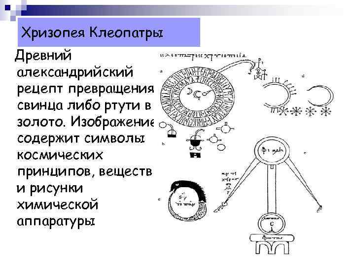 Хризопея Клеопатры Древний александрийский рецепт превращения свинца либо ртути в золото. Изображение содержит символы