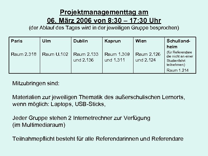 Projektmanagementtag am 06. März 2006 von 8: 30 – 17: 30 Uhr (der Ablauf