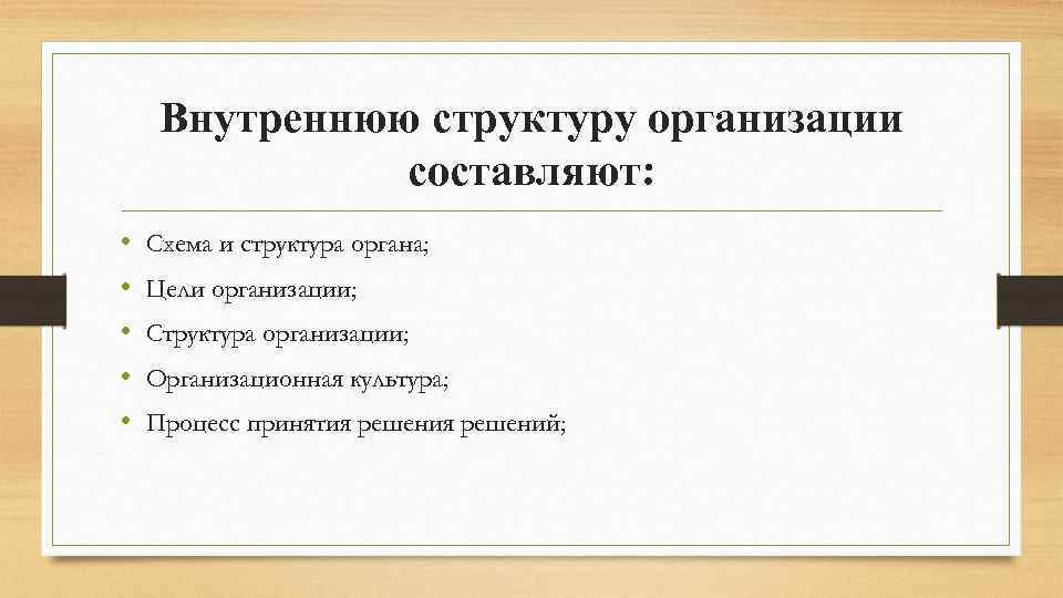 Внутреннюю структуру организации составляют: • • • Схема и структура органа; Цели организации; Структура