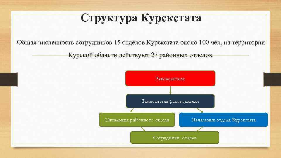 Структура Курскстата Общая численность сотрудников 15 отделов Курскстата около 100 чел, на территории Курской