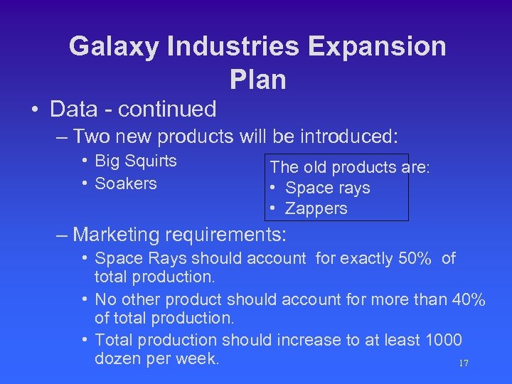 Galaxy Industries Expansion Plan • Data - continued – Two new products will be