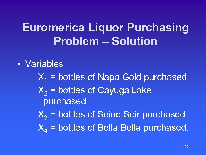 Euromerica Liquor Purchasing Problem – Solution • Variables X 1 = bottles of Napa