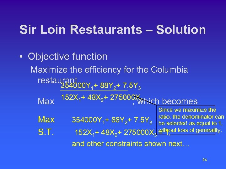 Sir Loin Restaurants – Solution • Objective function Maximize the efficiency for the Columbia