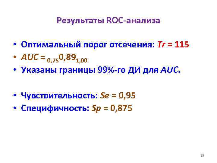 Результаты ROC-анализа • Оптимальный порог отсечения: Tr = 115 • AUC = 0, 750,