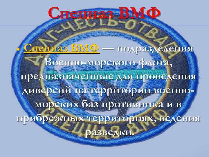 Спецназ ВМФ — подразделения Военно-морского флота, предназначенные для проведения диверсий на территории военноморских баз