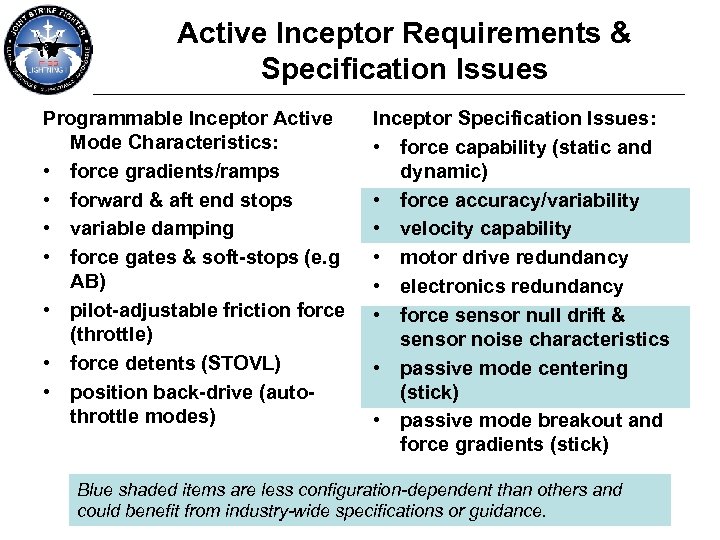 Active Inceptor Requirements & Specification Issues Programmable Inceptor Active Mode Characteristics: • force gradients/ramps