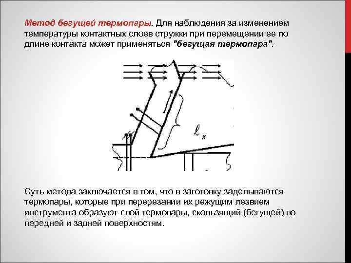 Метод бегущей термопары. Для наблюдения за изменением температуры контактных слоев стружки при перемещении ее