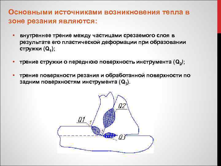 Основными источниками возникновения тепла в зоне резания являются: • внутреннее трение между частицами срезаемого