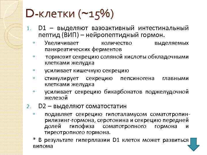 D-клетки (~15%) 1. ◦ ◦ ◦ 2. ◦ D 1 – выделяют вазоактивный интестинальный
