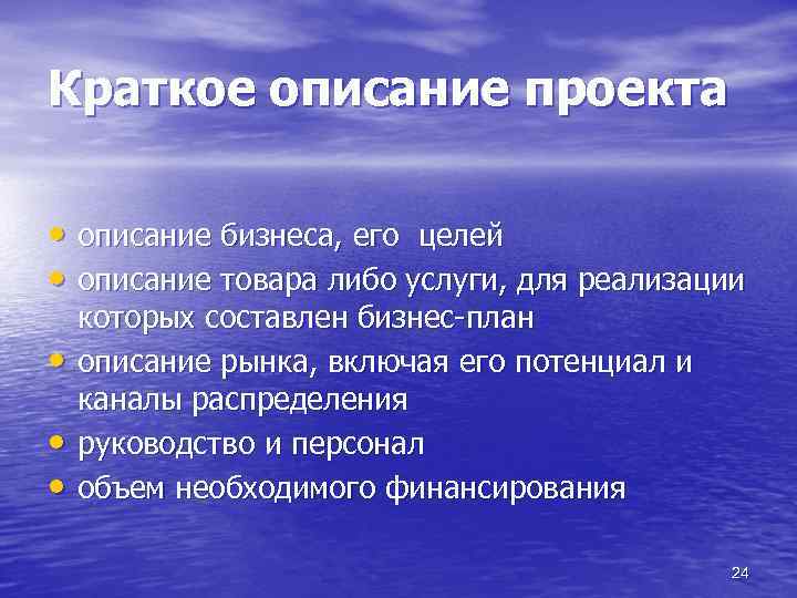 Краткое описание проекта • описание бизнеса, его целей • описание товара либо услуги, для