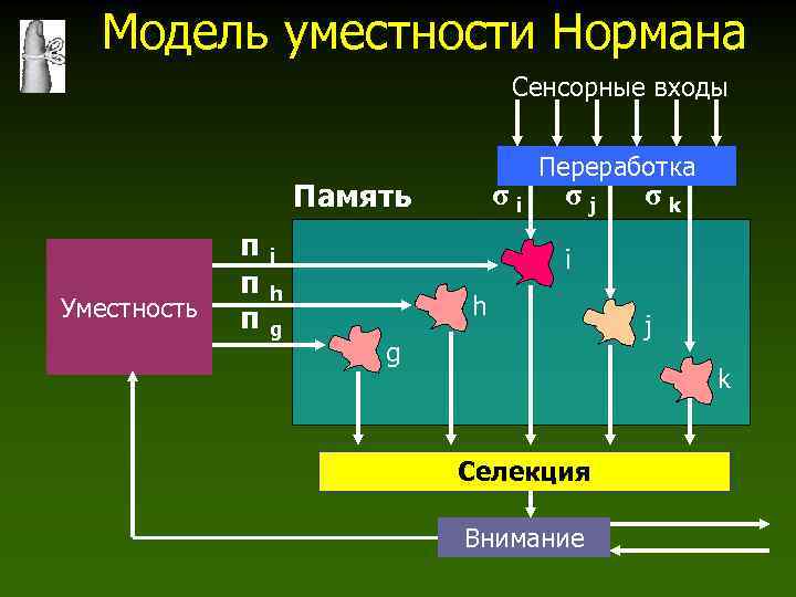 Модель уместности Нормана Сенсорные входы Память Уместность πi πh πg σi Переработка σj σk