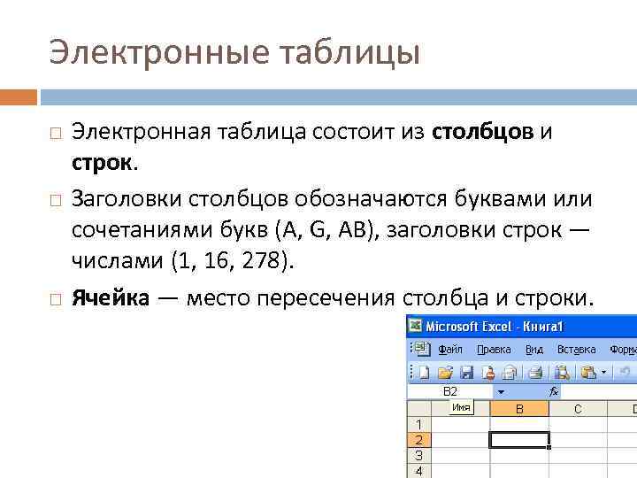 Электронные таблицы Электронная таблица состоит из столбцов и строк. Заголовки столбцов обозначаются буквами или